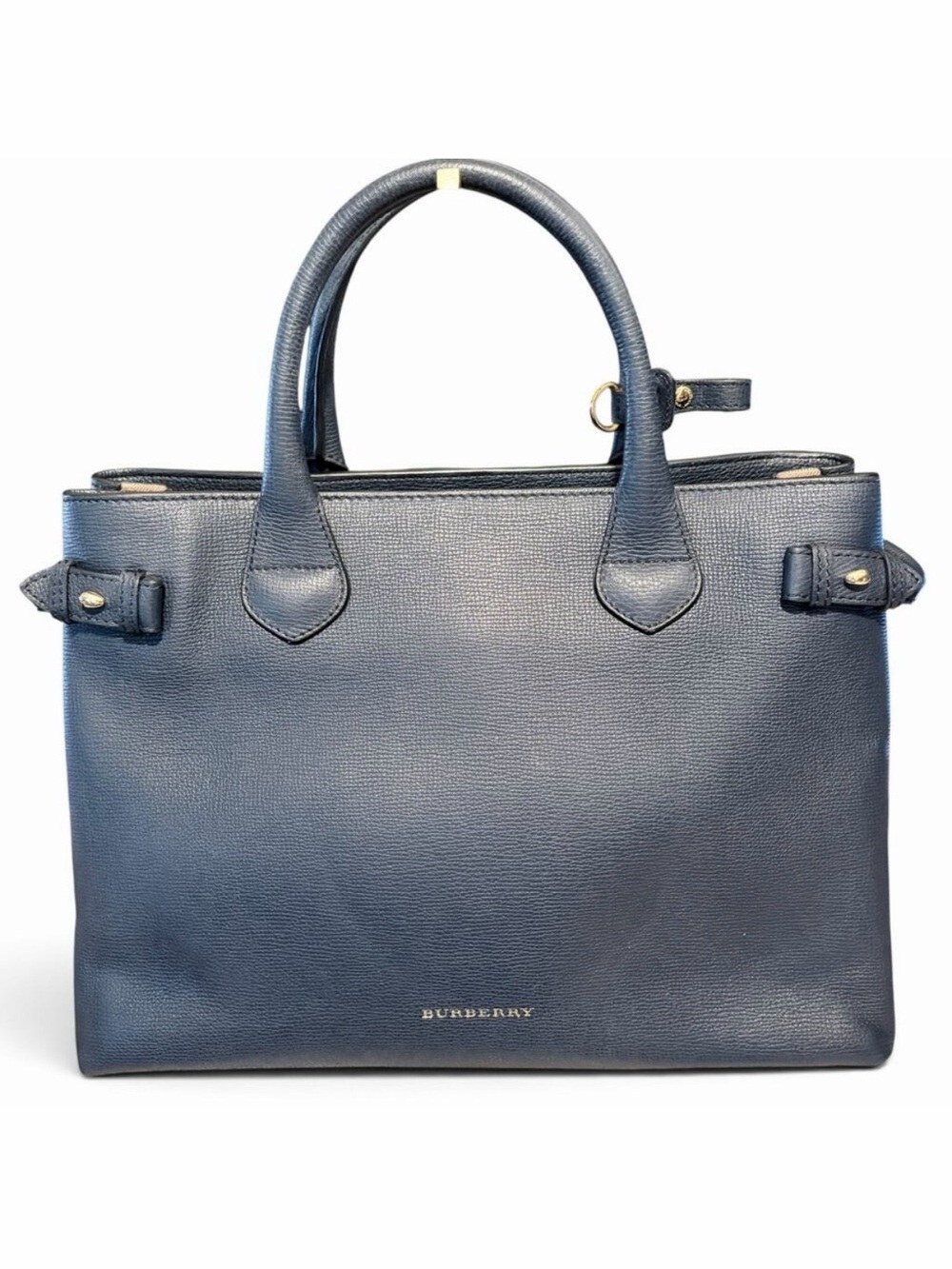 Burberry Navy Blue Leather Medium Banner Tote with House Check - w/ COA